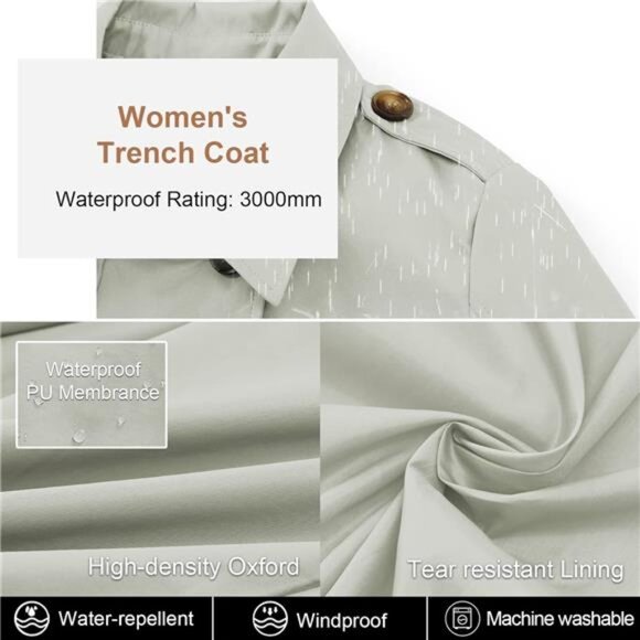 Women's Trench Coat Double-Breasted Classic Lapel Overcoat Belted - Picture 4 of 6